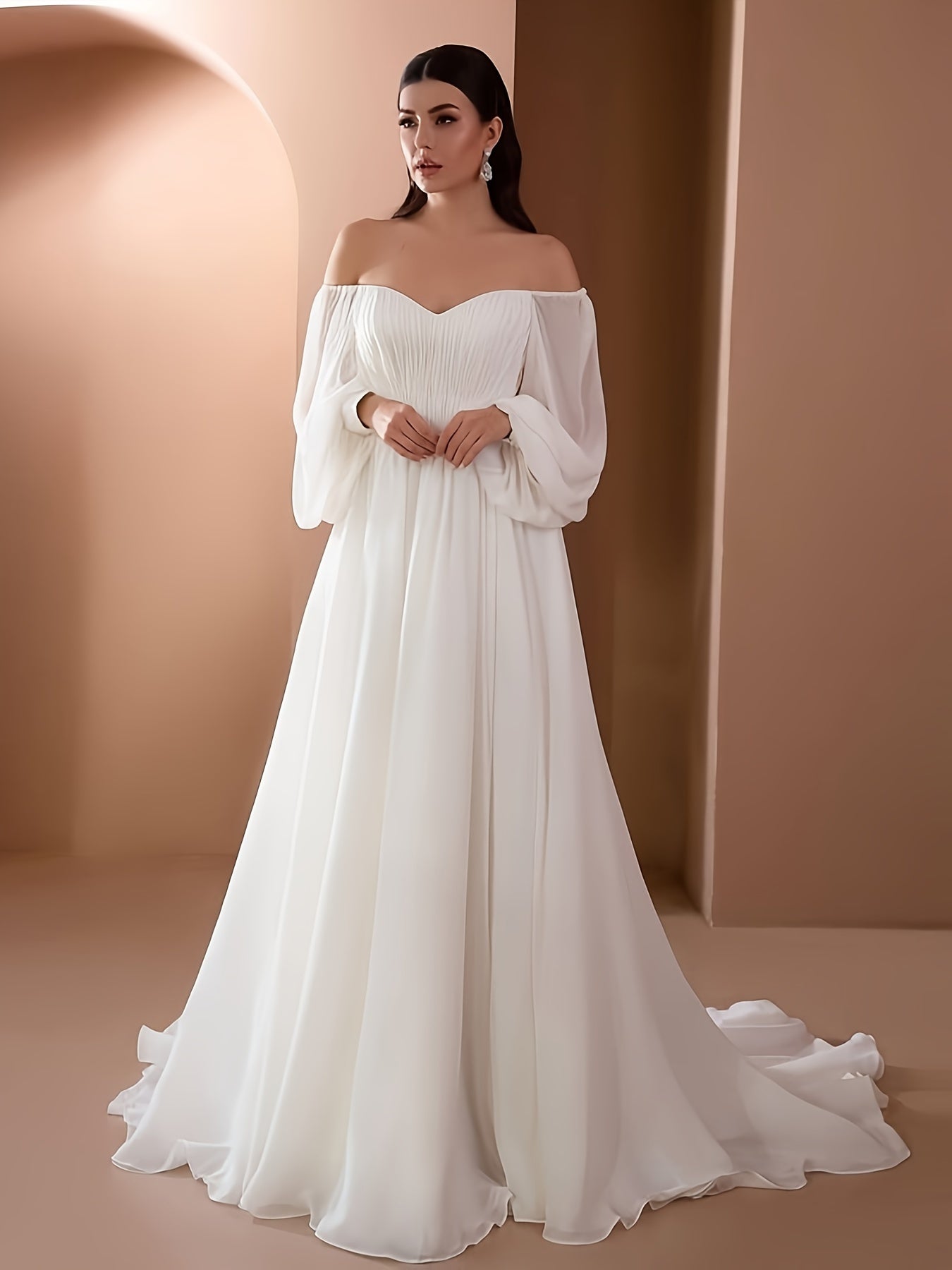 Off Shoulder White Gown, Elegant Solid Ruched Mopping High Waist Flowing Skirt