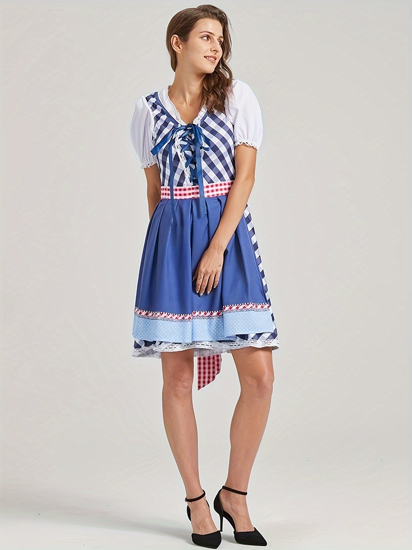 Octoberfest Plaid Print Lace Up Dress, Puff Sleeve A-line Dress