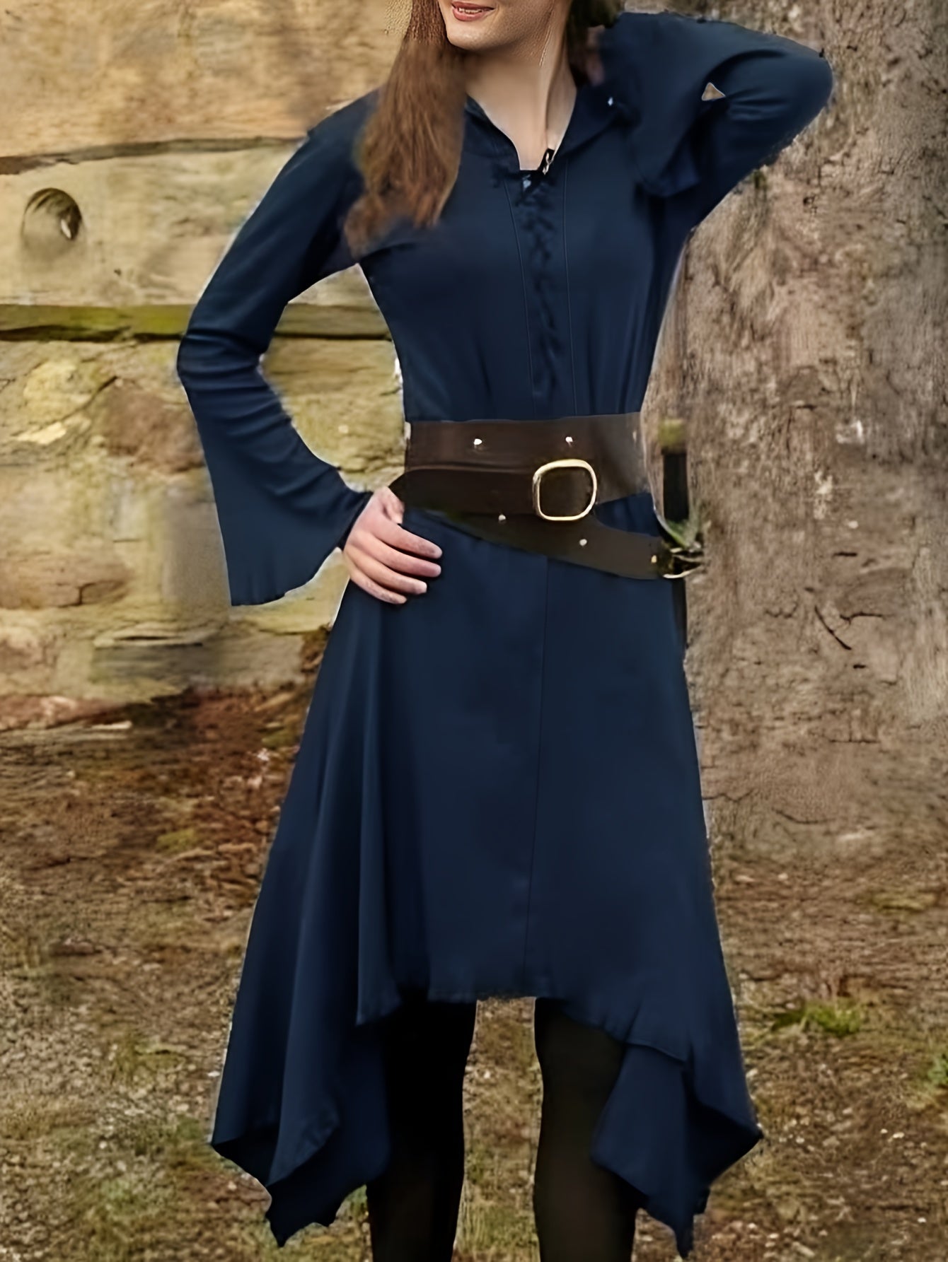 Lace Up Asymmetric Hem Dress - Flare Sleeve Renfaire Apparel