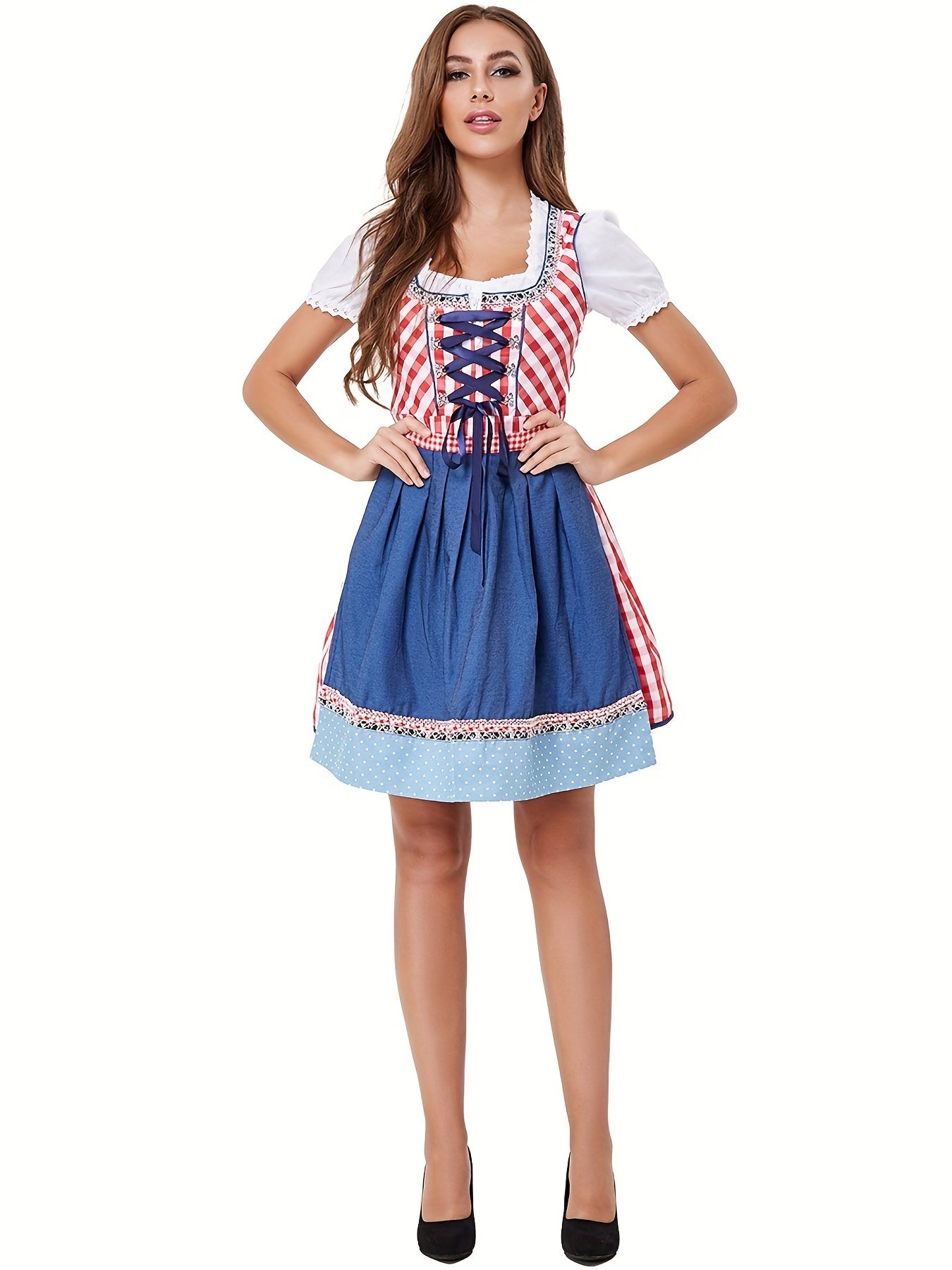 Octoberfest Plaid Print Lace Up Dress, Puff Sleeve A-line Dress