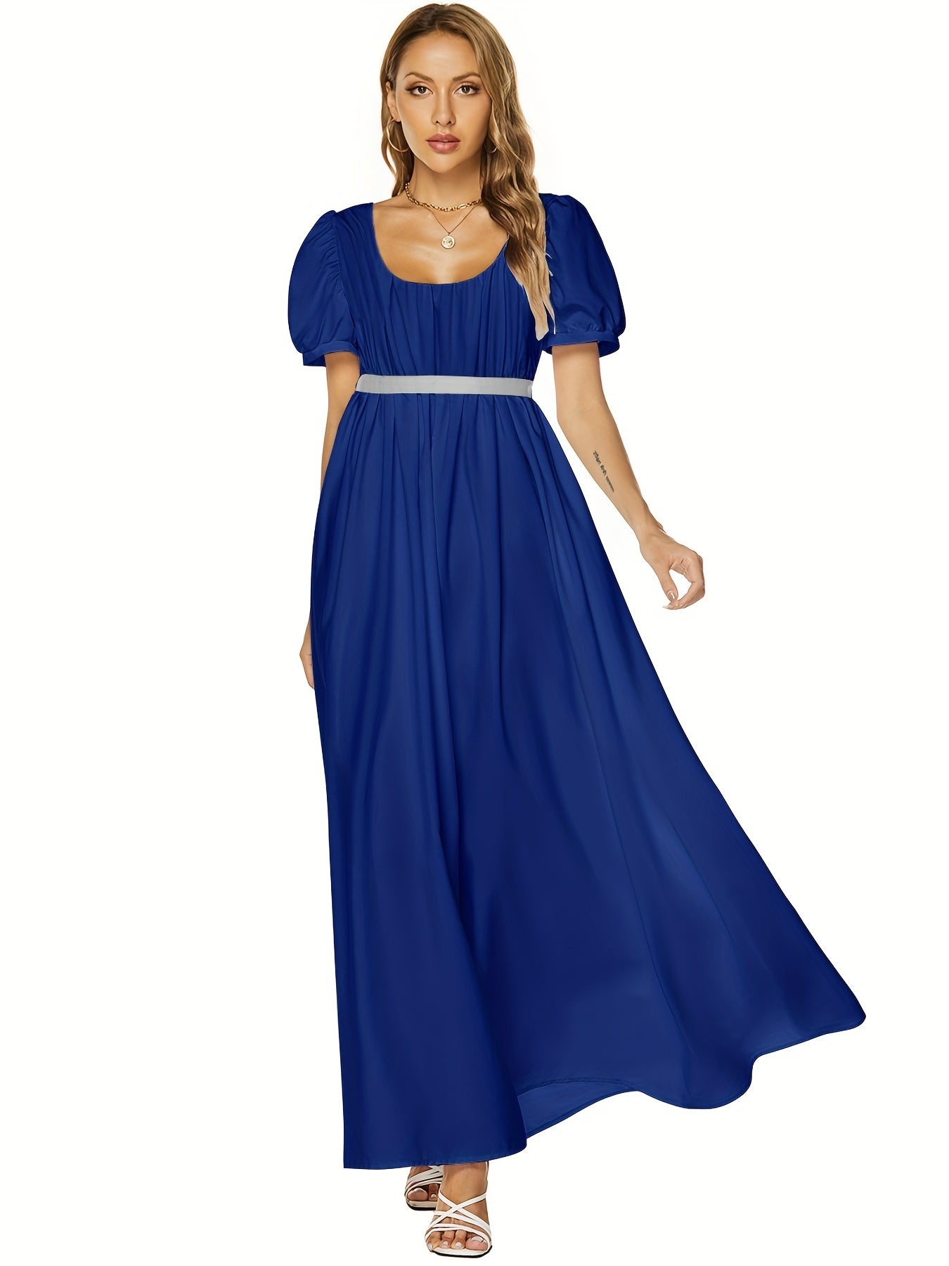 Solid Square Neck Belted Puff Sleeve Peasant Maxi Dress