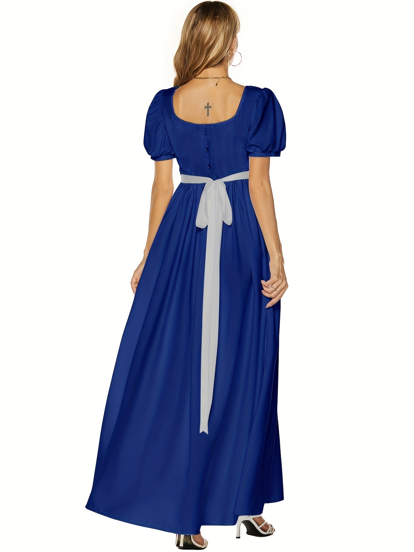 Solid Square Neck Belted Puff Sleeve Peasant Maxi Dress