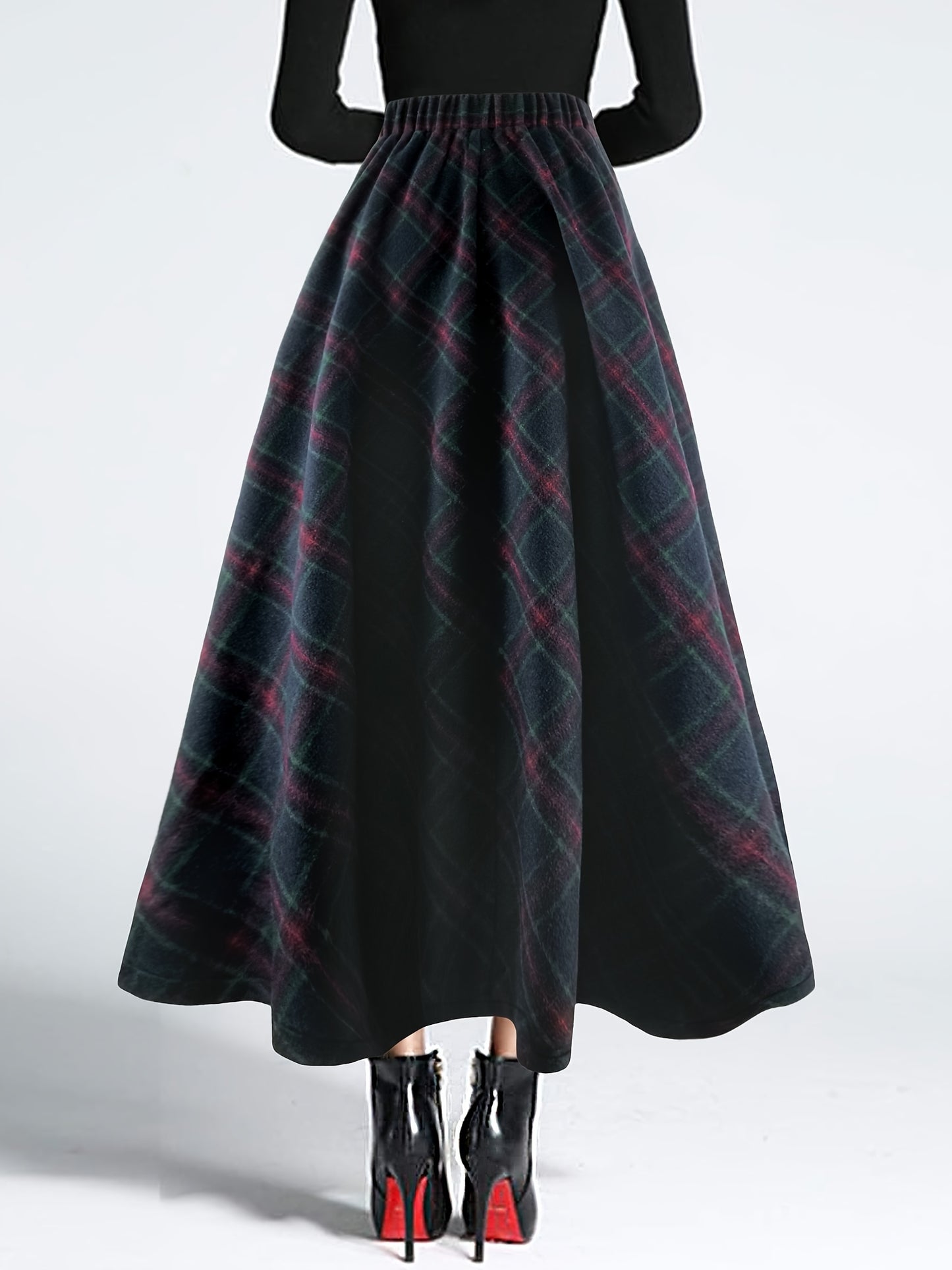 Plaid High Waist Tweed Skirt, Elegant Warm Flared Midi Skirt