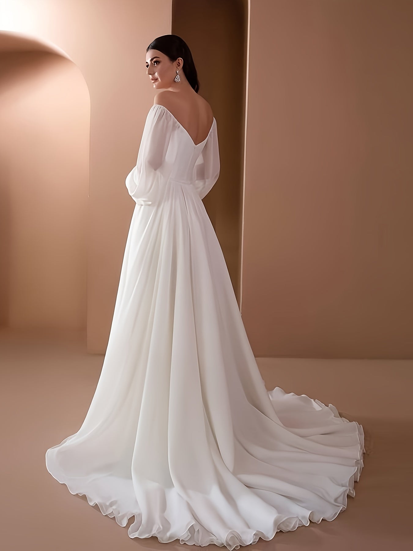 Off Shoulder White Gown, Elegant Solid Ruched Mopping High Waist Flowing Skirt