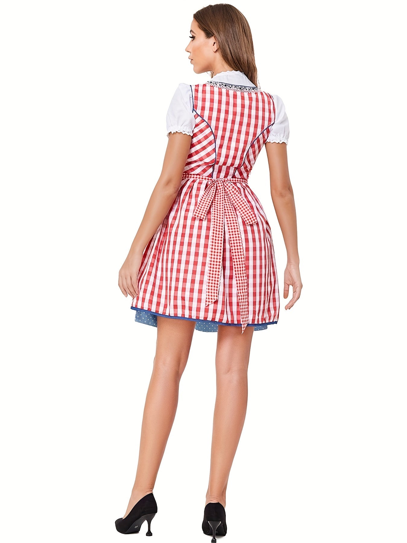 Octoberfest Plaid Print Lace Up Dress, Puff Sleeve A-line Dress