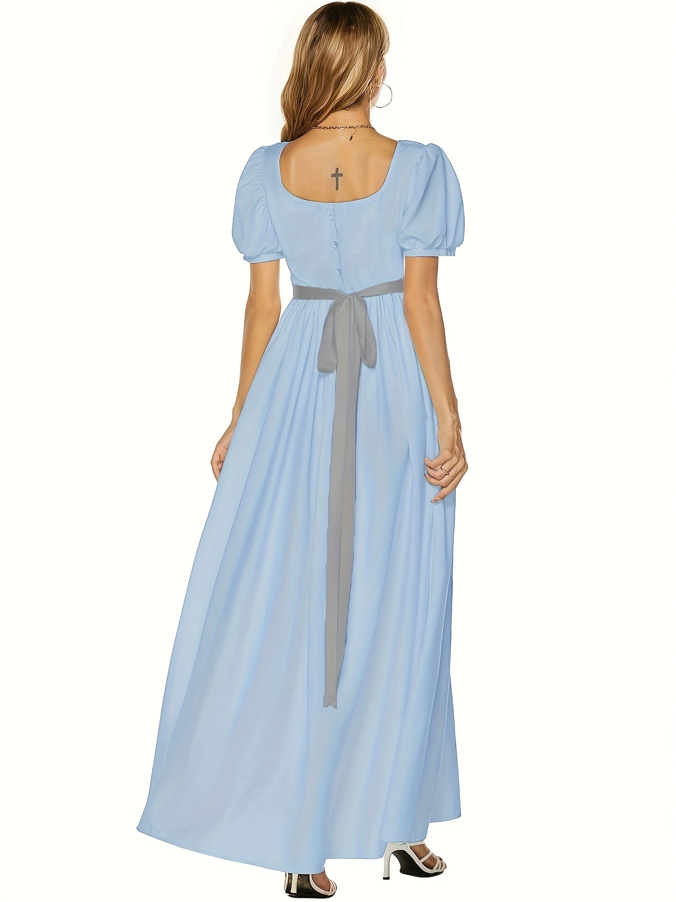 Solid Square Neck Belted Puff Sleeve Peasant Maxi Dress