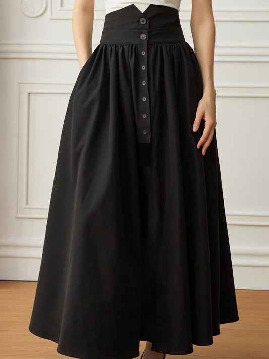 Button Decor High Waist Skirt, Elegant A-line Midi Skirt