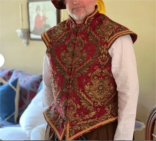 Tudor Elizabethan Embroidered Vest - Red and Gold Brocade Jerkin Vest