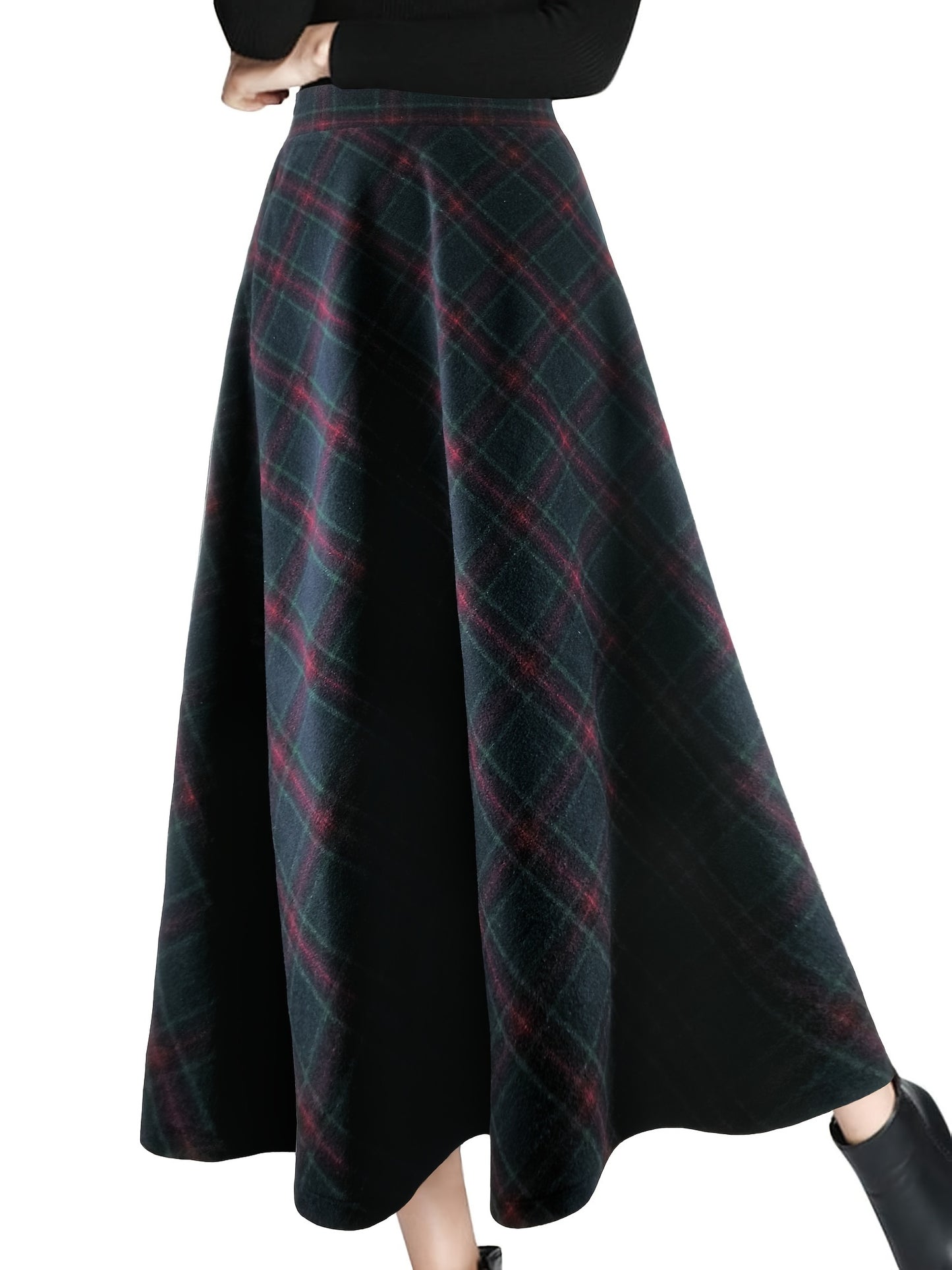 Plaid High Waist Tweed Skirt, Elegant Warm Flared Midi Skirt