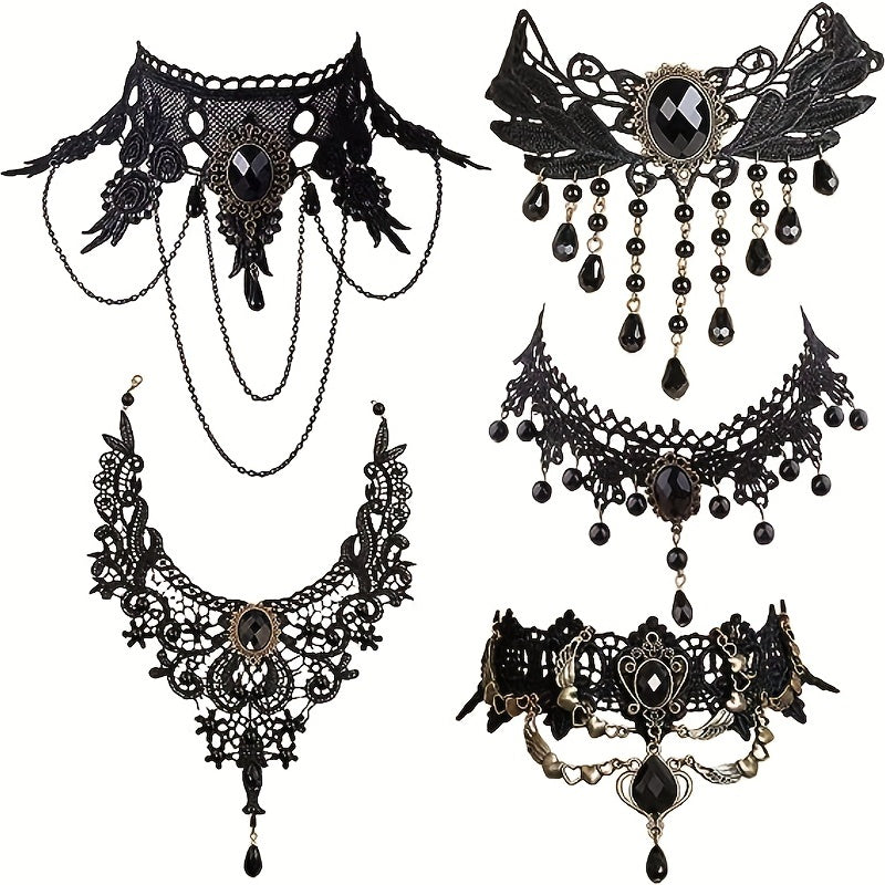 5pcs/Set Costume Jewelry Elegant Gothic Steampunk Lace Black Necklaces