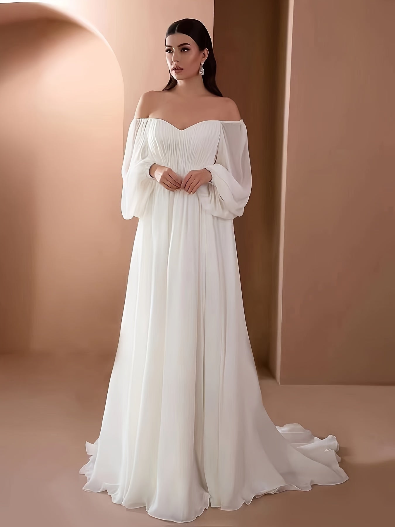 Off Shoulder White Gown, Elegant Solid Ruched Mopping High Waist Flowing Skirt