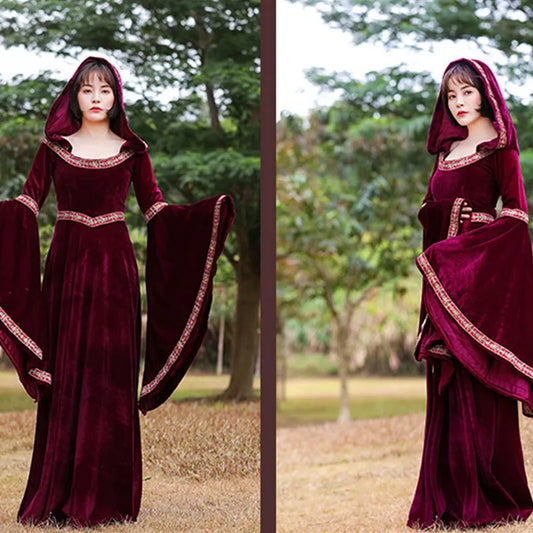 Medieval Velvet Hoodie Long Maxi Dress with Gold and Red Ribbon Accents