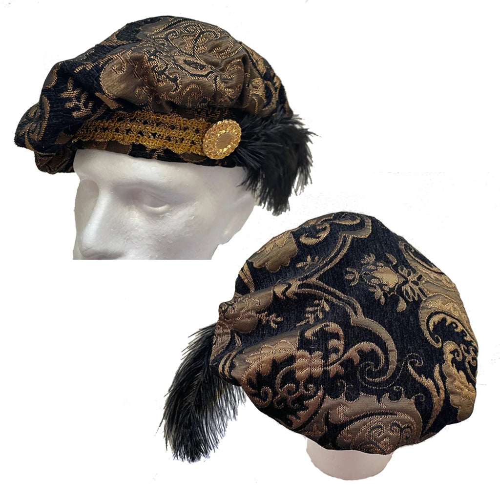 Beautiful Tudor Style Hat with Fine Brocade Details and Button and Feather