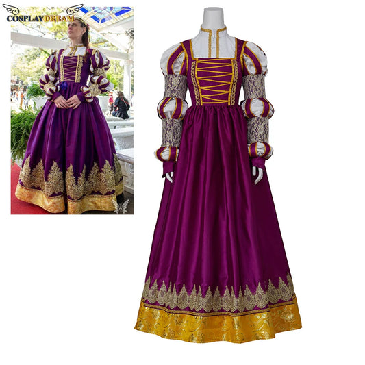 Stunning Highly Embellished Tudor-Era Renaissance Ball Gown & Chemise in Royal Purple, Gold, and Ivory