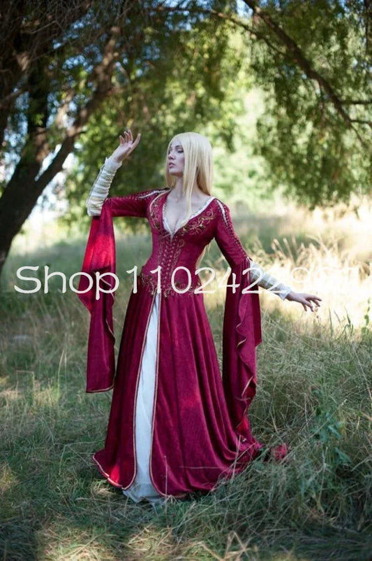 Medieval Fantasy Crimson Dress with Long Sleeve Embroidery Dark Red velvet costume halloween evening gown