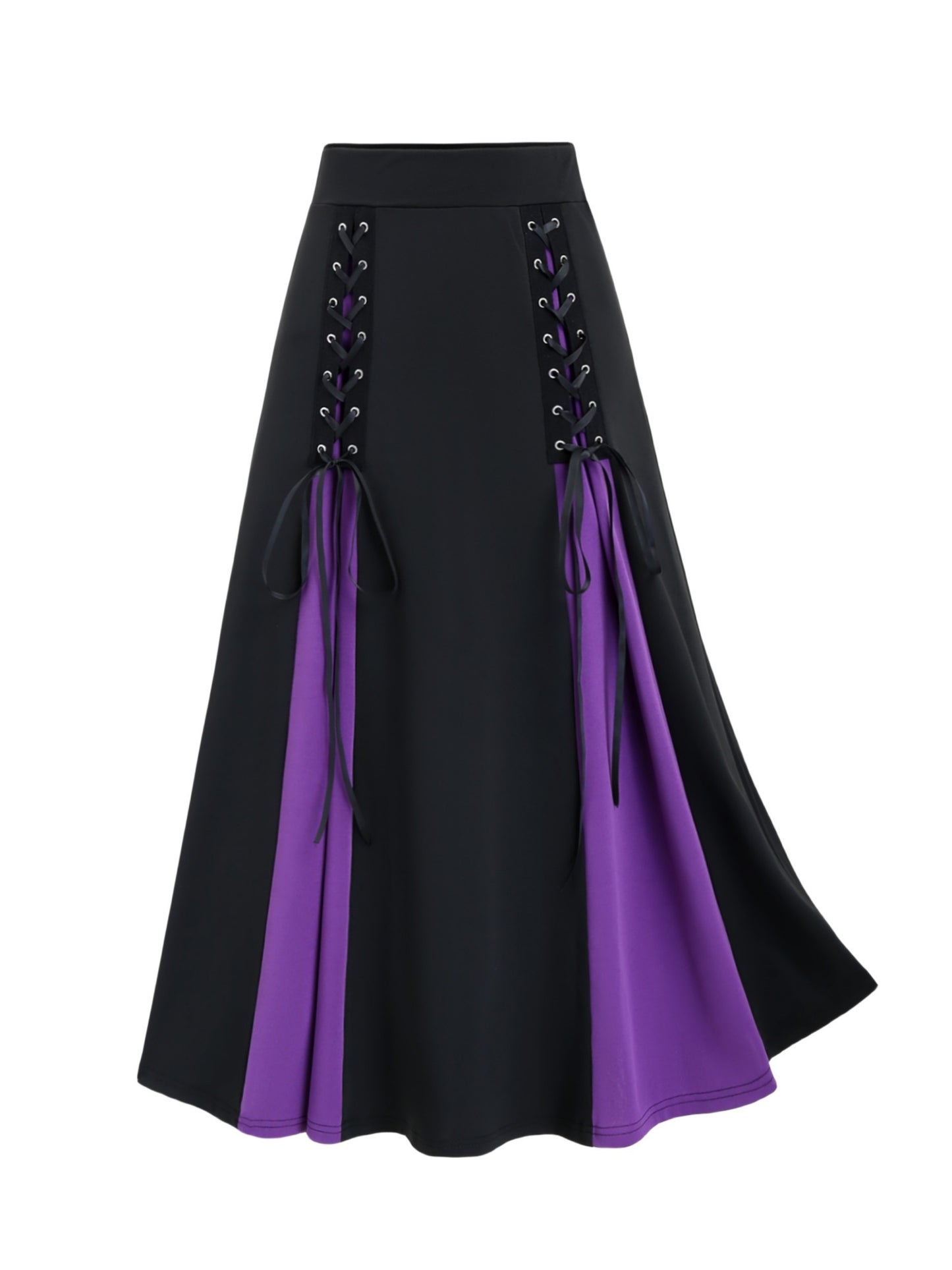 Plus-Sized Gothic A-line Skirt; Stylish Colorblock & Lace-up design; Machine-washable