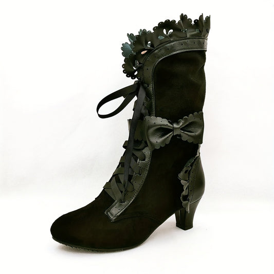 Stylish Flannel Mid-Calf Boots: Round Toe, Lace-Up, Chunky Block Heel